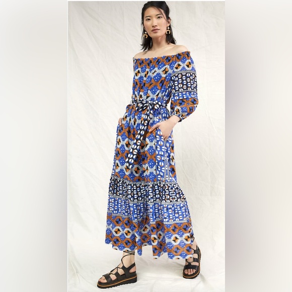 Anthropologie Abstract Flounced‎ Off-The-Shoulder Maxi Dress size S